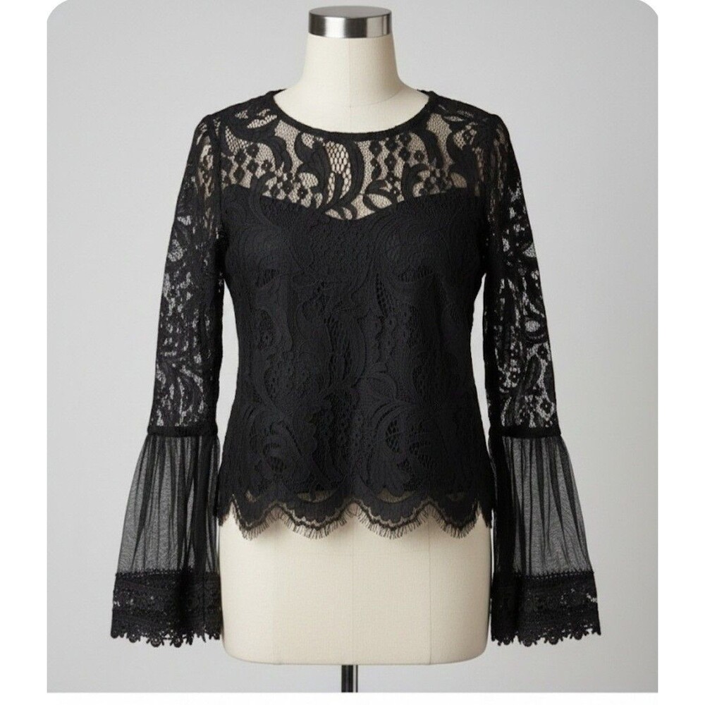Boho Black Lace Bell Sleeve Blouse Floral Ruffle Accents Button Round Neck